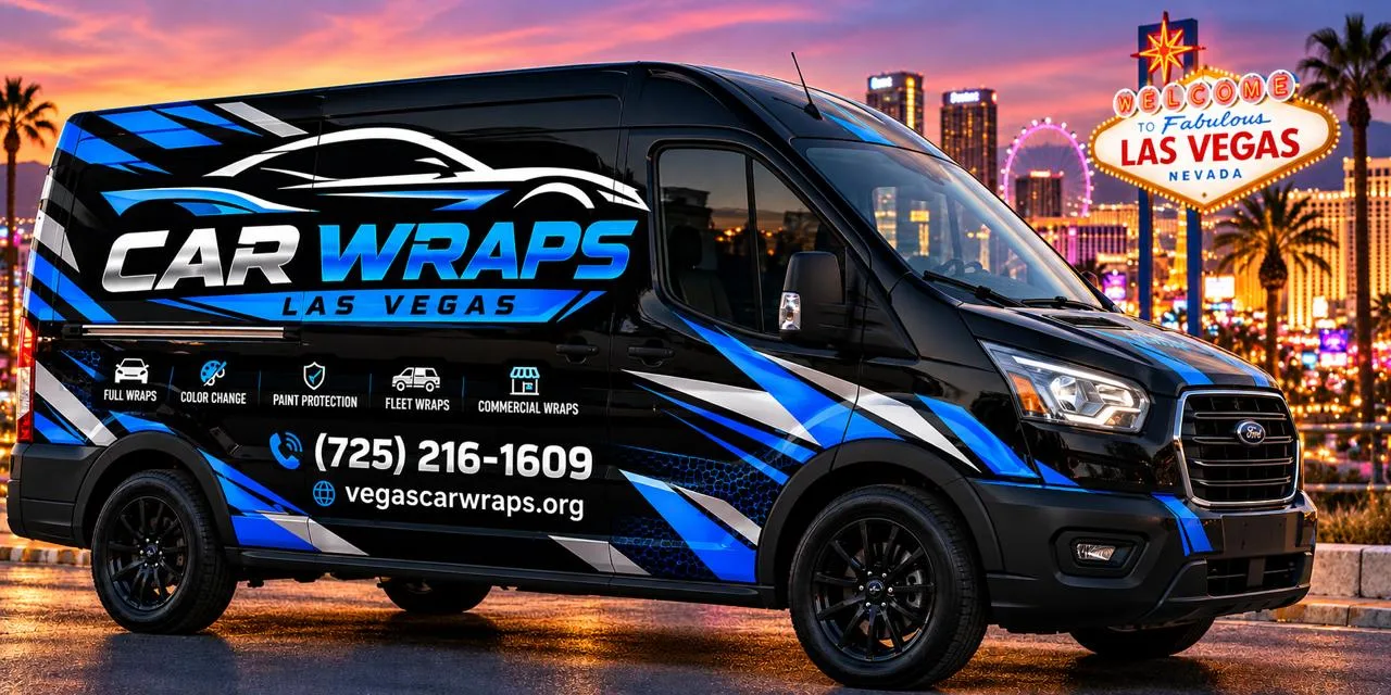 White cargo van with blue Vegas Car Wraps fleet graphics