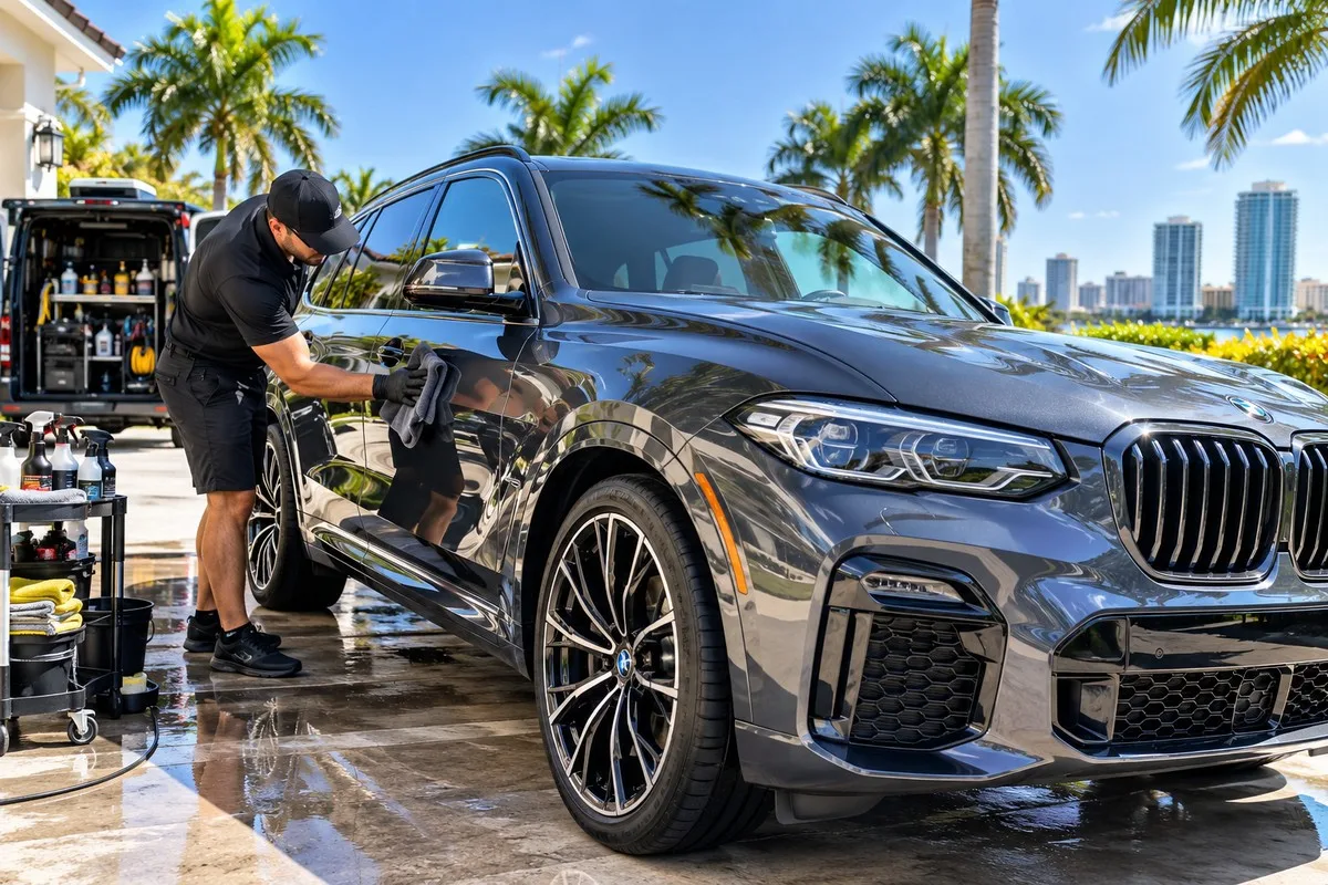 Detailing a dark SUV in the shop